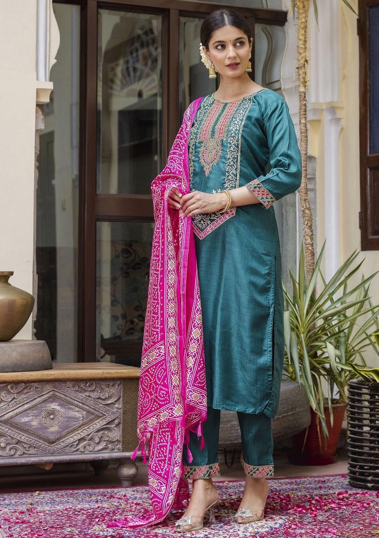 Green Embroidered Silk Salwar Kameez With Dupatta