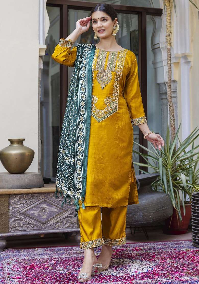 Yellow Embroidered Silk Straight Kurta Set - Indya