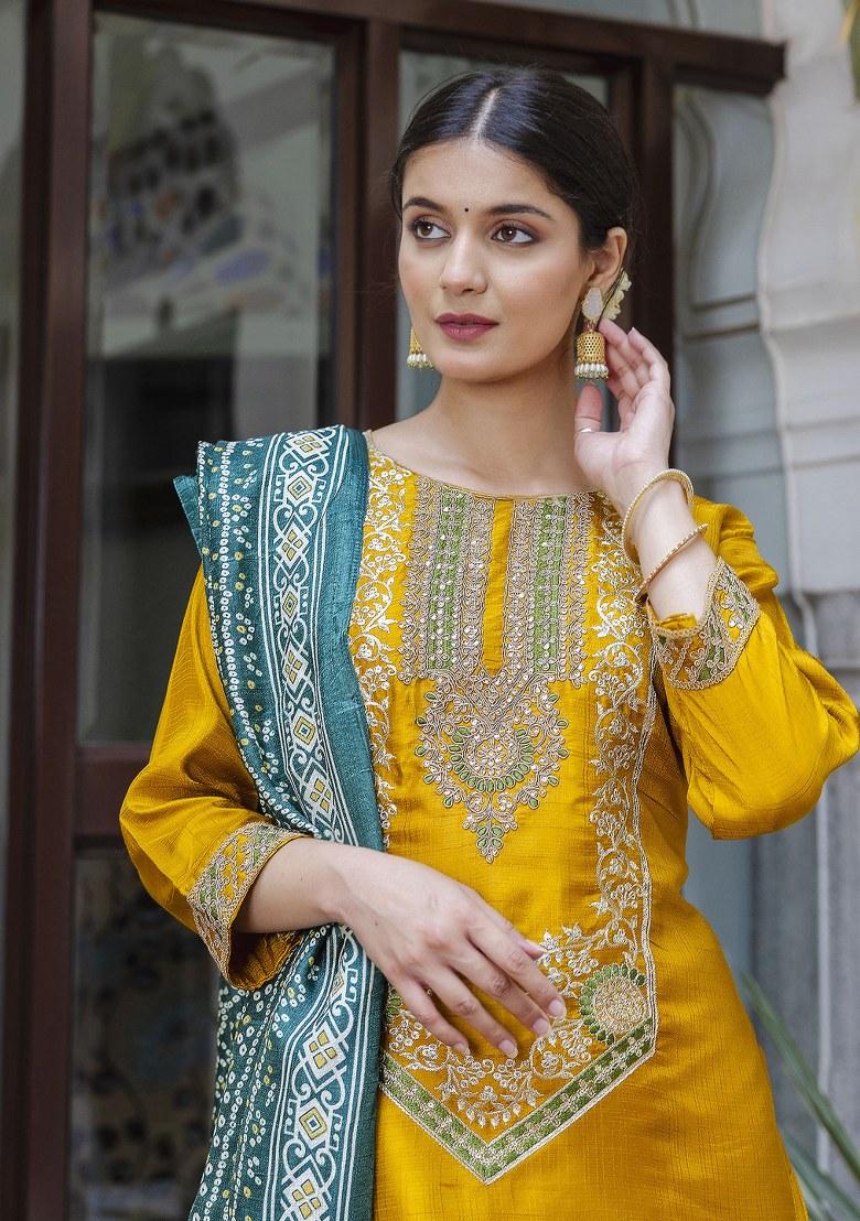 Yellow Embroidered Silk Salwar Kameez With Dupatta