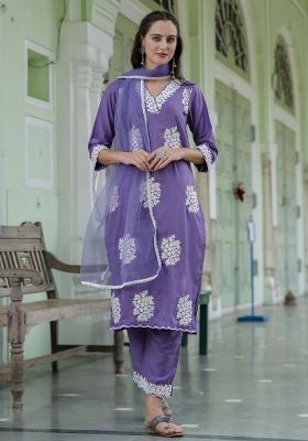 Lavender Embroidered Silk Salwar Kameez With Dupatta