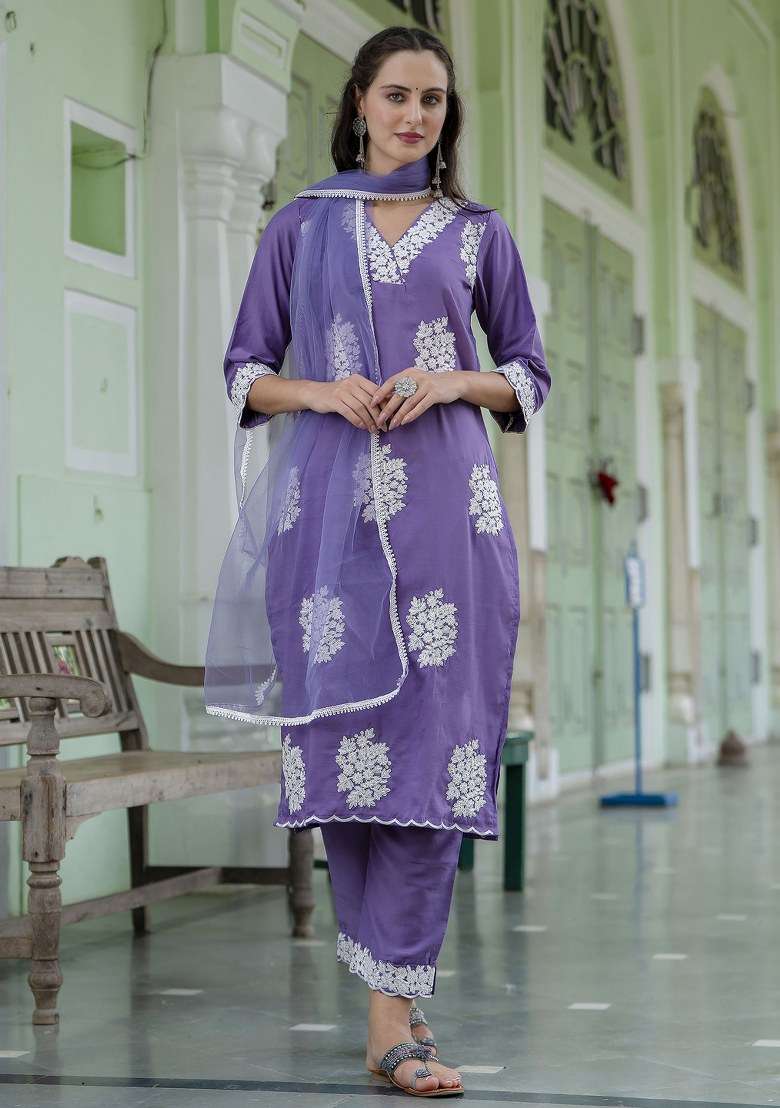 Lavender Embroidered Silk Salwar Kameez With Dupatta - Indya