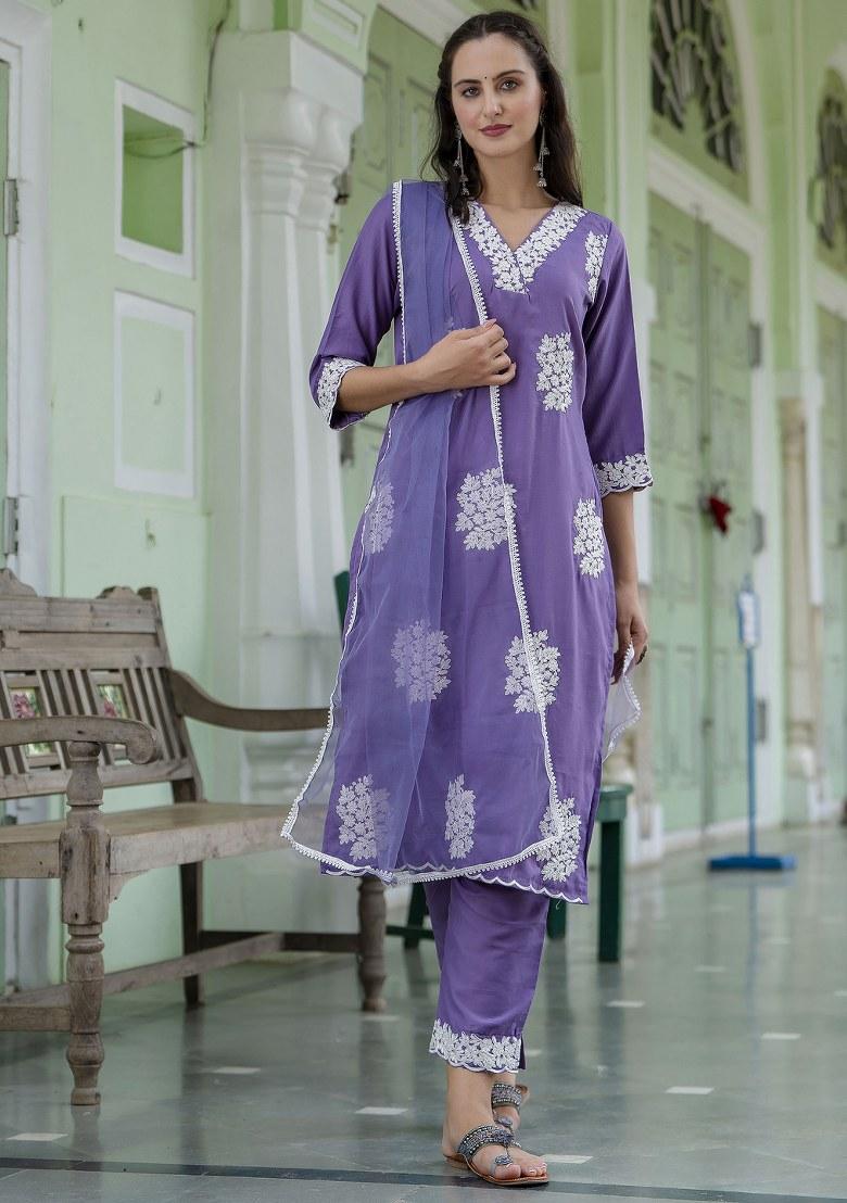 Lavender Embroidered Silk Salwar Kameez With Dupatta