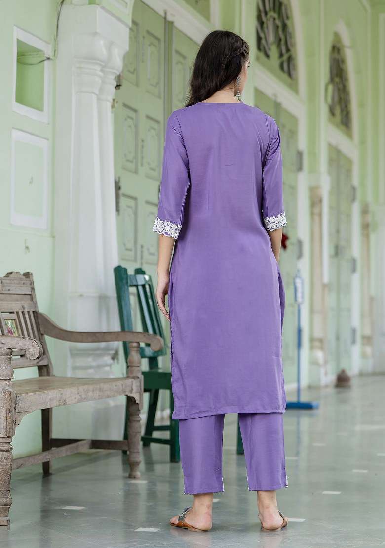 Lavender Embroidered Silk Salwar Kameez With Dupatta - Indya
