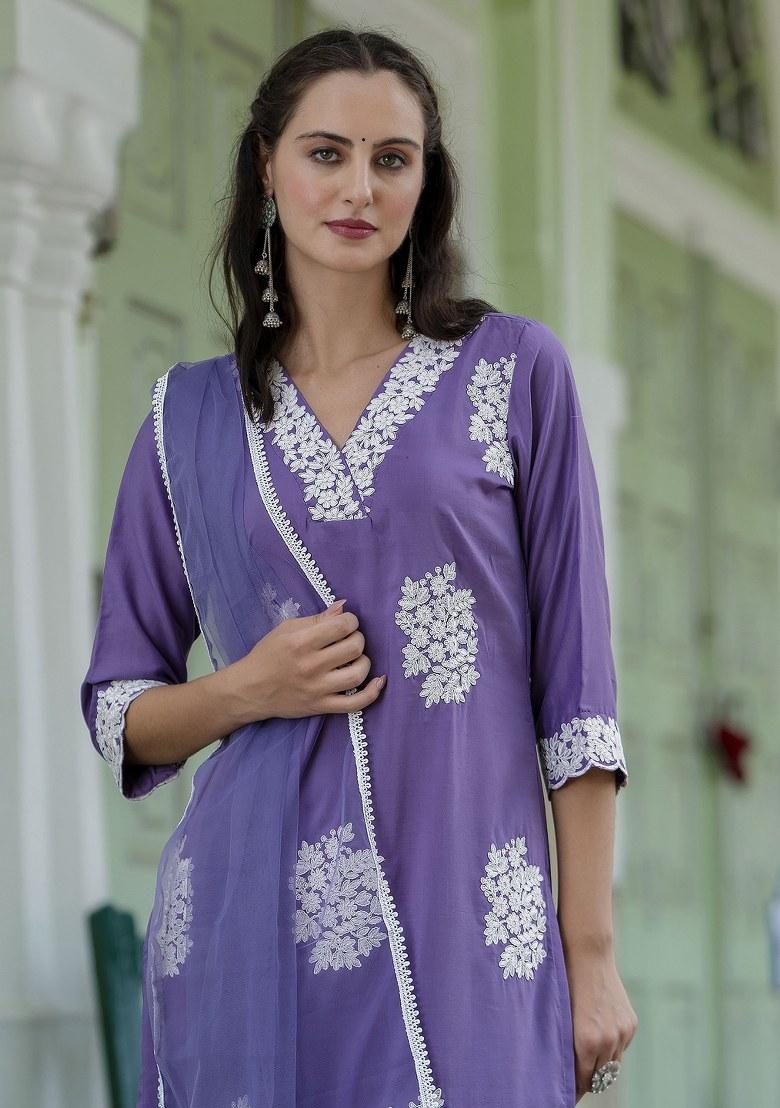 Lavender Embroidered Silk Salwar Kameez With Dupatta
