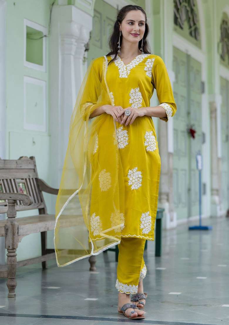 Lemon Yellow Embroidered Silk Salwar Kameez With Dupatta - Indya