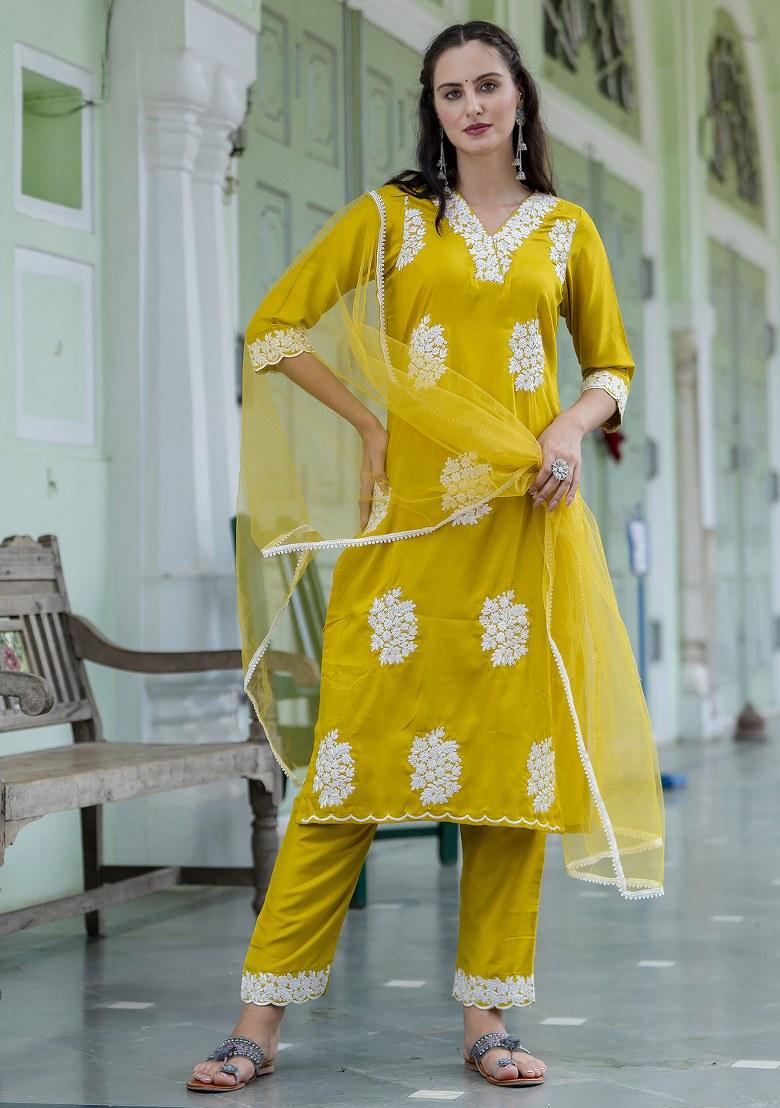 Lemon Yellow Embroidered Silk Salwar Kameez With Dupatta