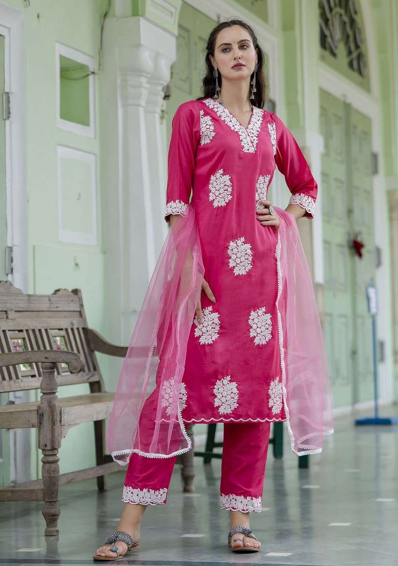 Pink Embroidered Silk Salwar Kameez With Dupatta - Indya