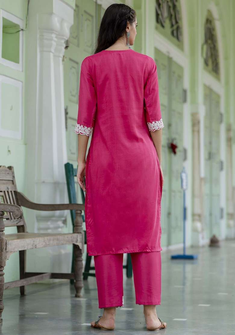 Pink Embroidered Silk Salwar Kameez With Dupatta - Indya