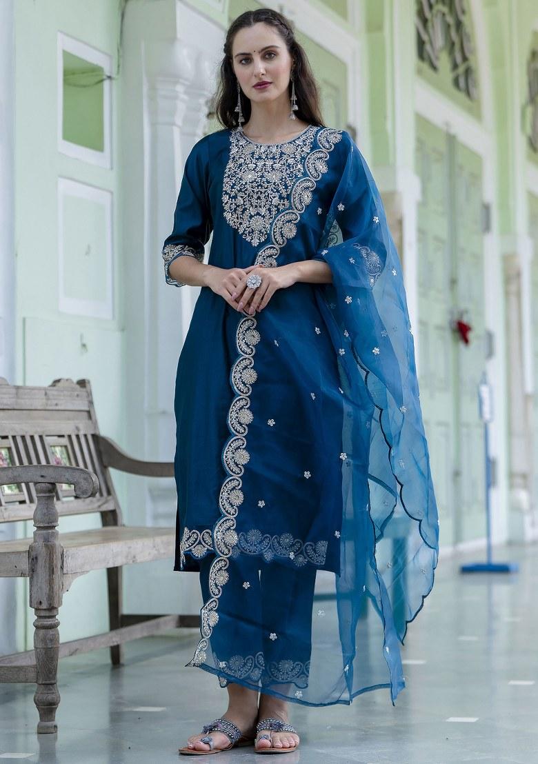 Teal Blue Embroidered Silk Salwar Kameez With Dupatta