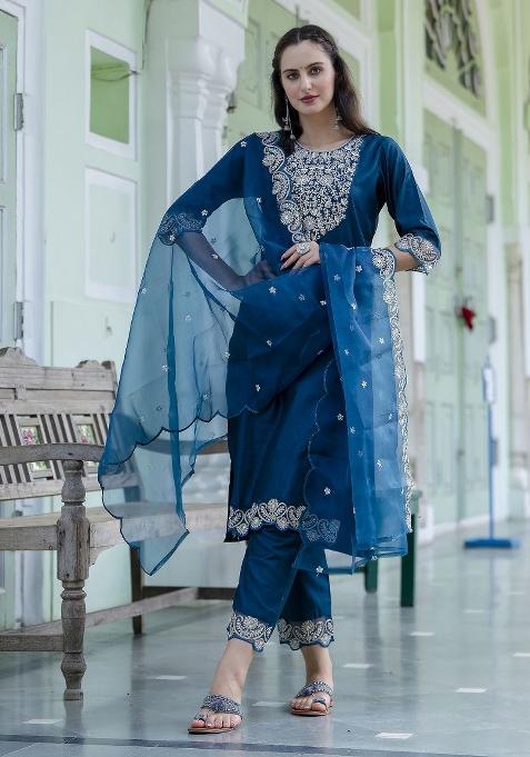 Teal Blue Embroidered Silk Salwar Kameez With Dupatta