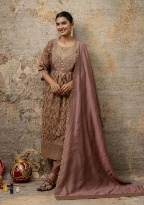 Brown Printed Cotton Silk Salwar Kameez With Dupatta