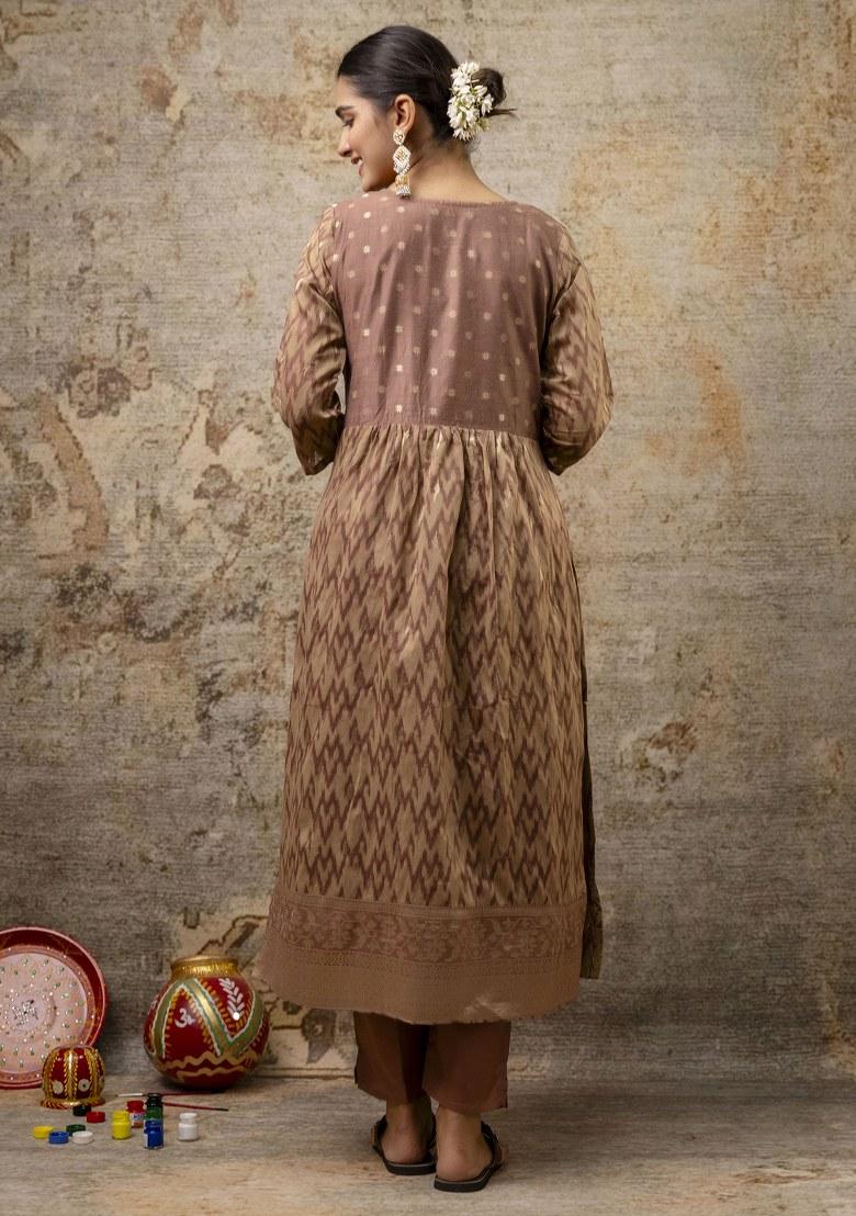 Brown Printed Cotton Silk Salwar Kameez With Dupatta