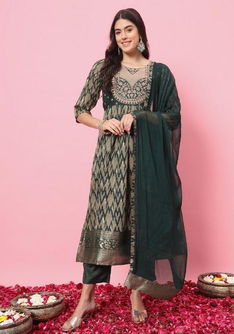Green Printed Cotton Silk Salwar Kameez With Dupatta