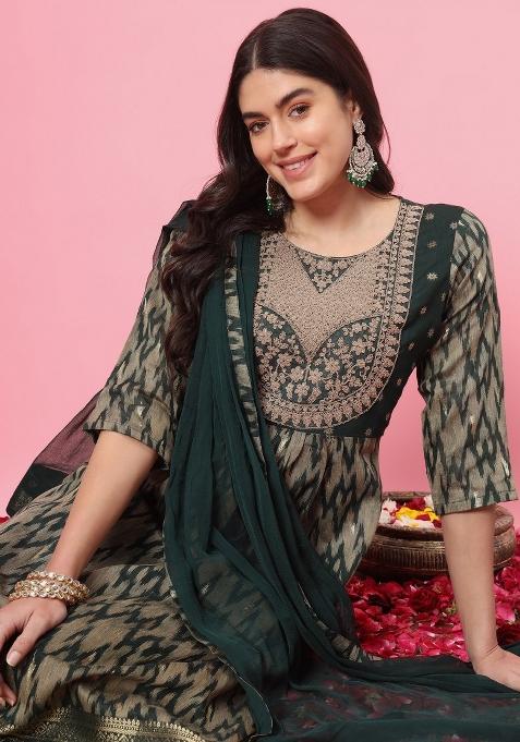 Green Printed Cotton Silk Salwar Kameez With Dupatta