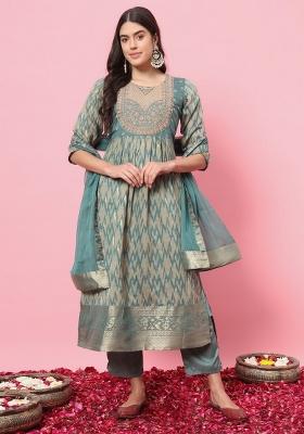 Sky Blue Printed Cotton Silk Salwar Kameez With Dupatta