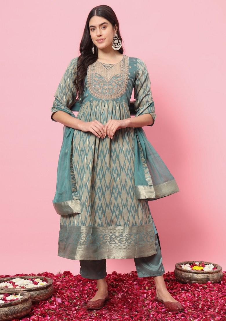 Sky Blue Printed Cotton Silk Salwar Kameez With Dupatta