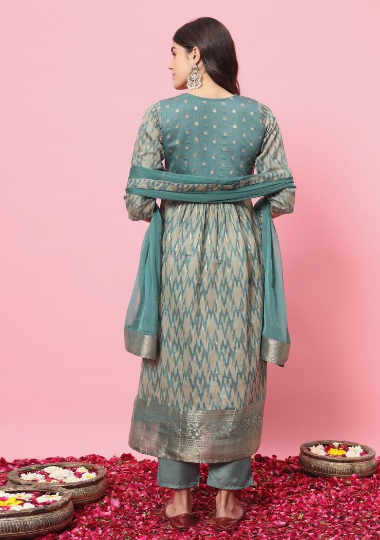 Sky Blue Printed Cotton Silk Salwar Kameez With Dupatta