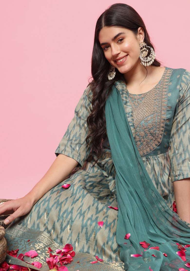 Sky Blue Jacquard Cotton A Line Kurta Set - Indya