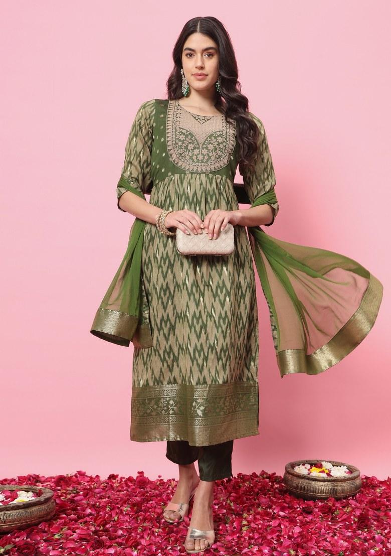 Green Printed Cotton Silk Salwar Kameez With Dupatta