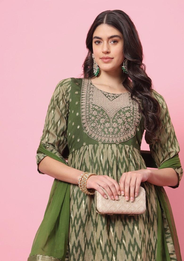 Green Printed Cotton Silk Salwar Kameez With Dupatta