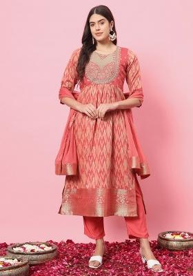 Peach Printed Cotton Silk Salwar Kameez With Dupatta