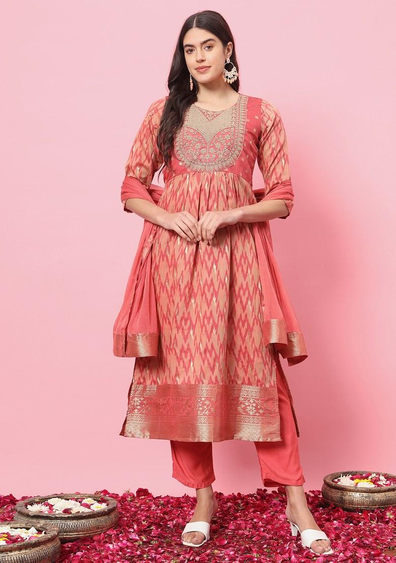Peach Printed Cotton Silk Salwar Kameez With Dupatta