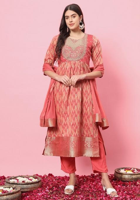 Peach Printed Cotton Silk Salwar Kameez With Dupatta