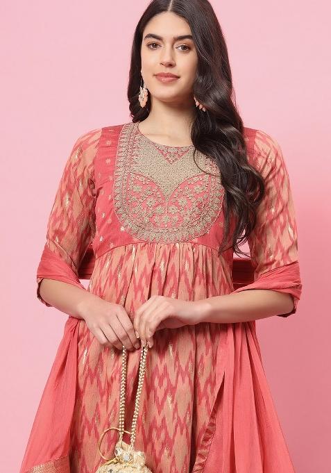 Peach Printed Cotton Silk Salwar Kameez With Dupatta