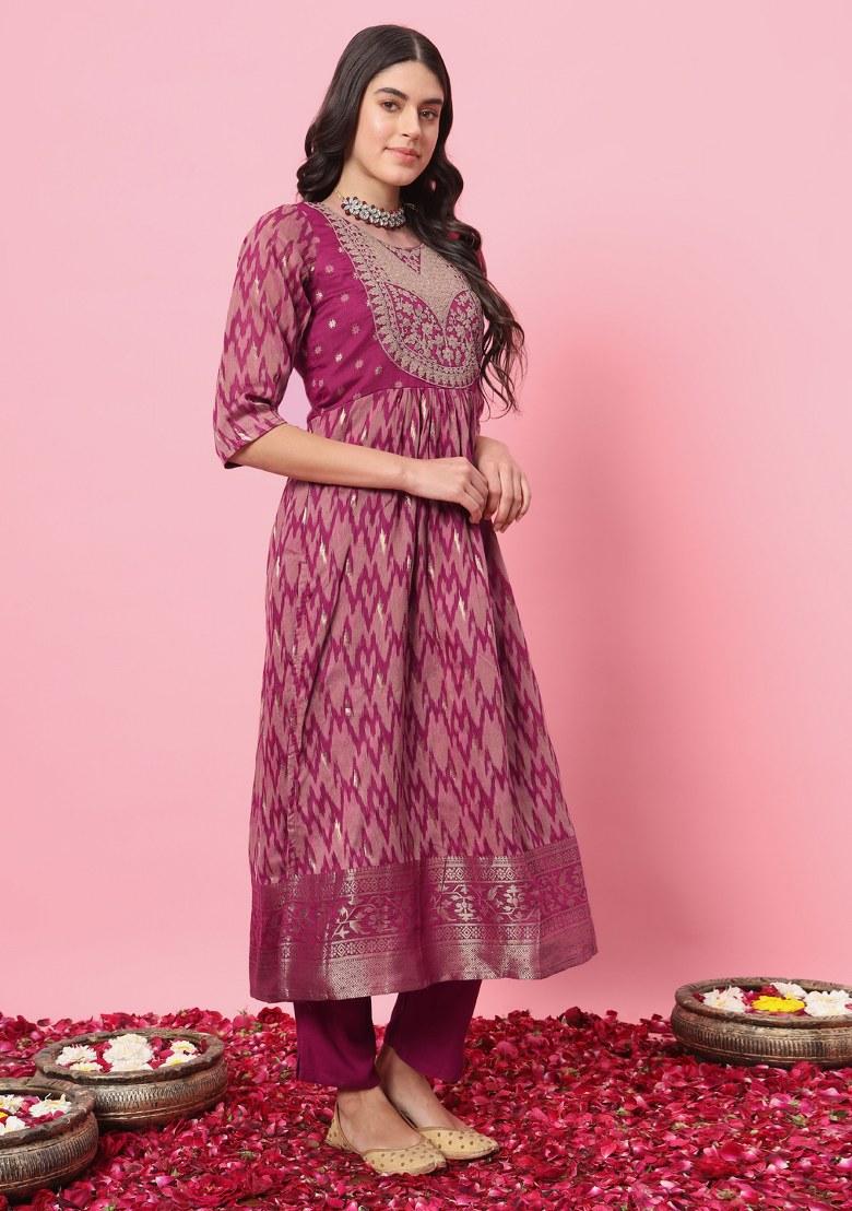 Purple Printed Cotton Silk Salwar Kameez With Dupatta