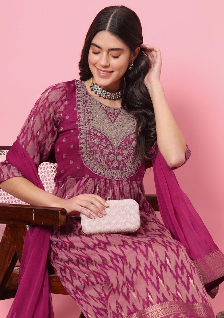 Purple Printed Cotton Silk Salwar Kameez With Dupatta