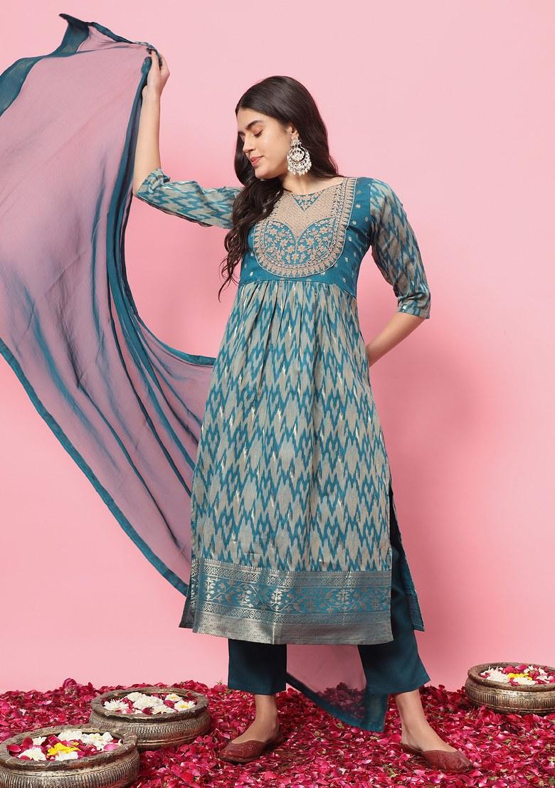 Teal Blue Printed Cotton Silk Salwar Kameez With Dupatta