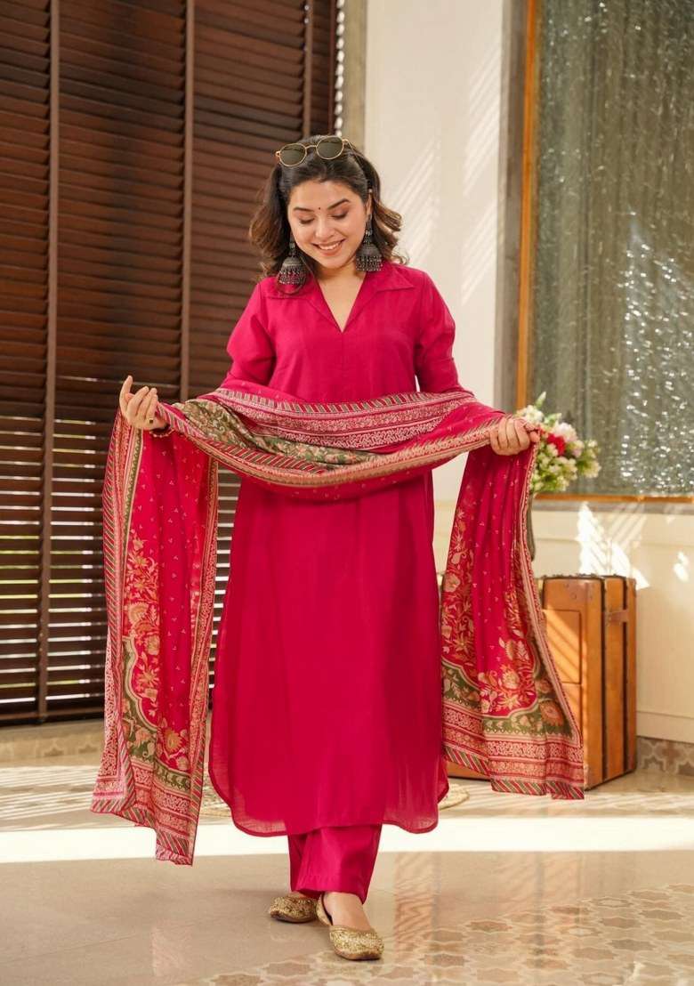 Pink Embroidered Cotton Salwar Kameez With Dupatta - Indya