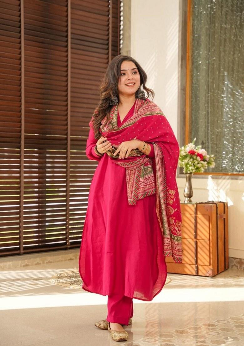 Pink Embroidered Cotton Salwar Kameez With Dupatta