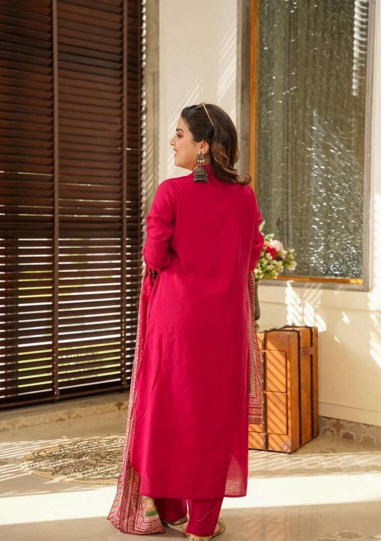 Pink Embroidered Cotton Salwar Kameez With Dupatta - Indya