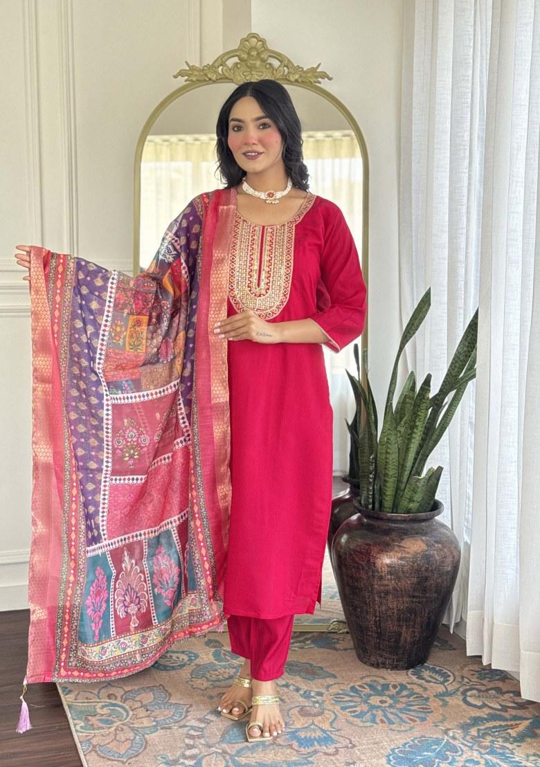 Pink Embroidered Chanderi Salwar Kameez With Dupatta