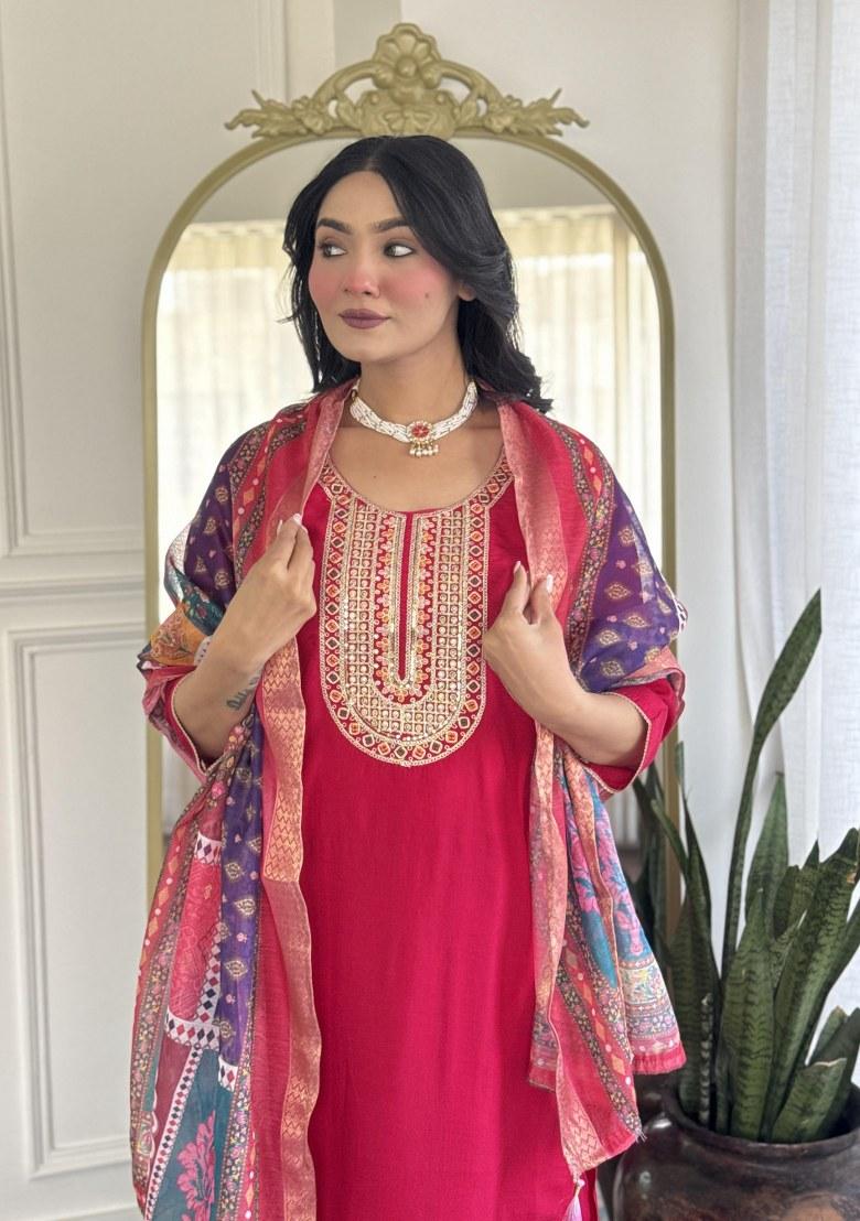Pink Embroidered Chanderi Salwar Kameez With Dupatta
