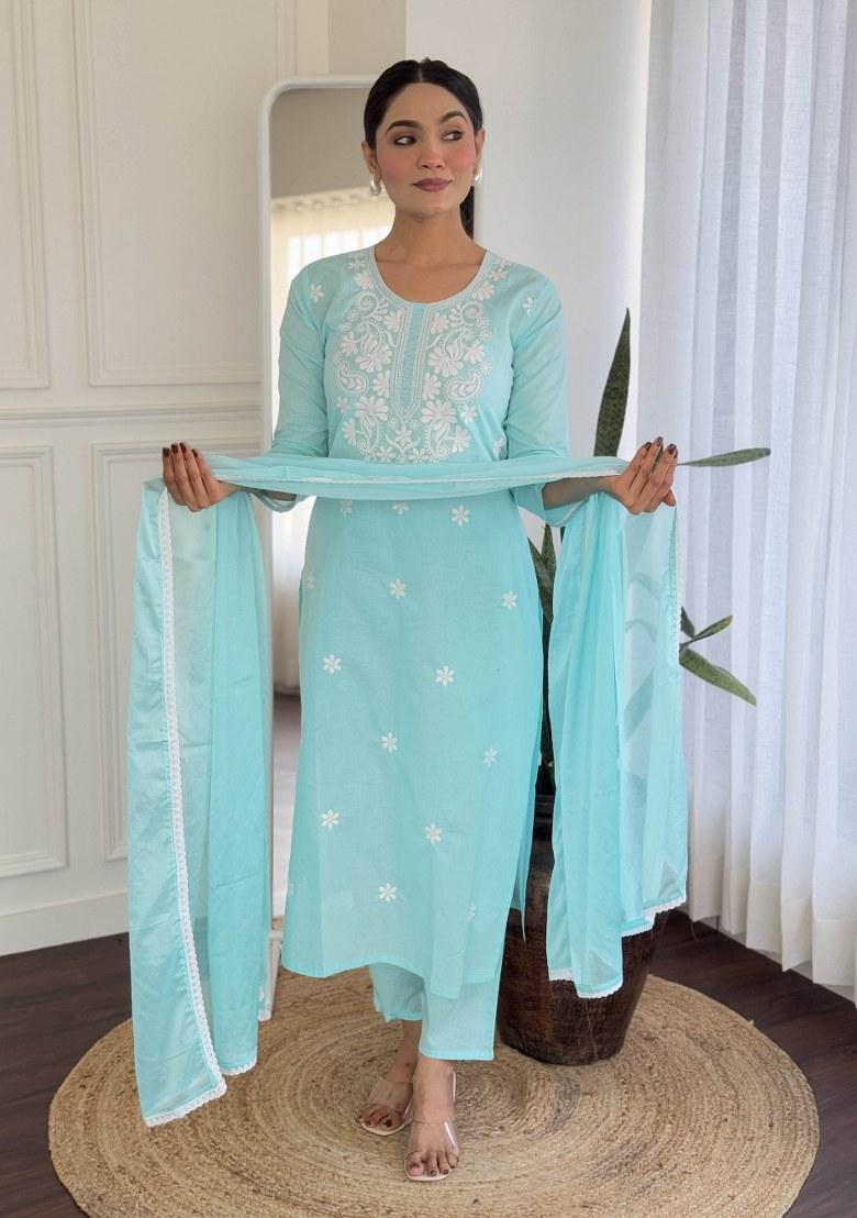 Sky Blue Embroidered Cotton Salwar Kameez With Dupatta