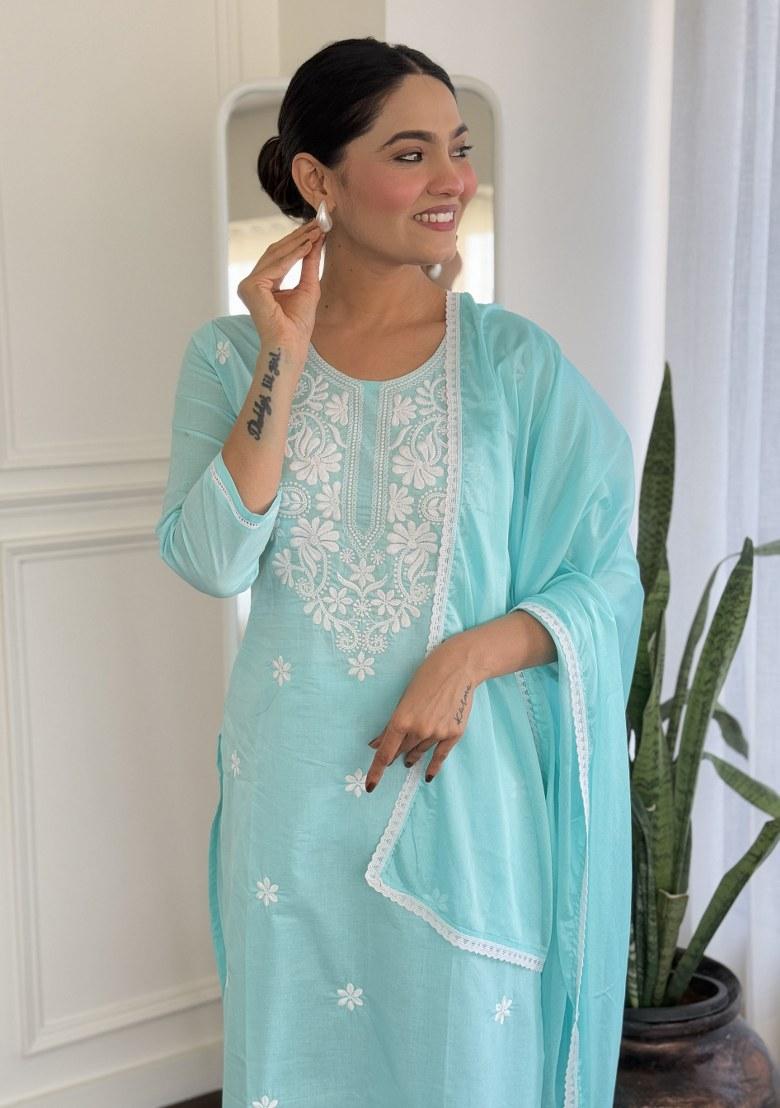 Sky Blue Embroidered Cotton Salwar Kameez With Dupatta