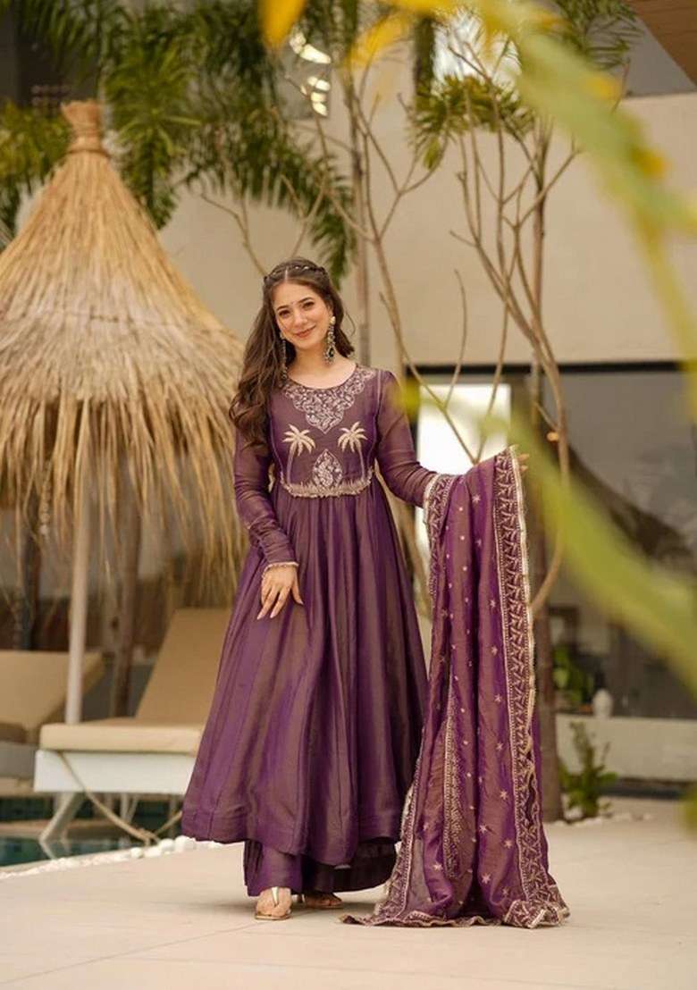 Wine Embroidered Chiffon Anarkali - Indya