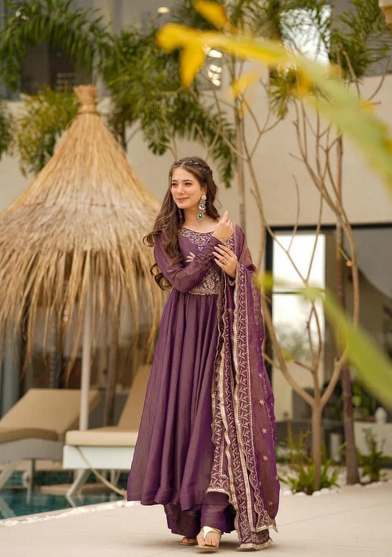 Wine Embroidered Chiffon Salwar Kameez With Dupatta