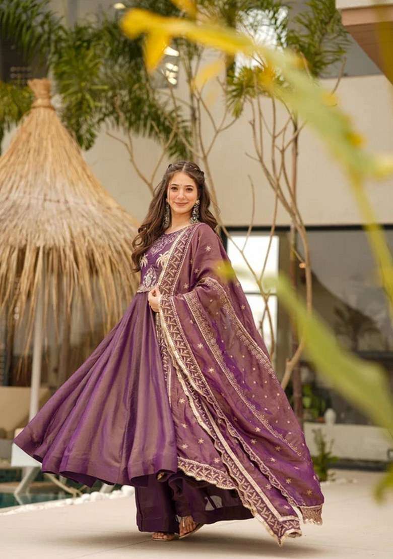 Wine Embroidered Chiffon Anarkali - Indya