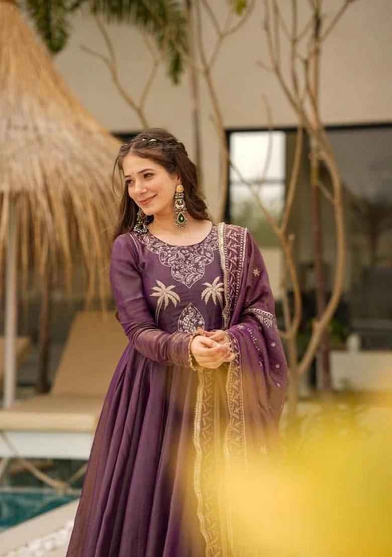Wine Embroidered Chiffon Salwar Kameez With Dupatta