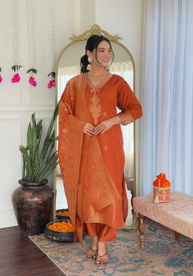 Orange Embroidered Jacquard Salwar Kameez With Dupatta