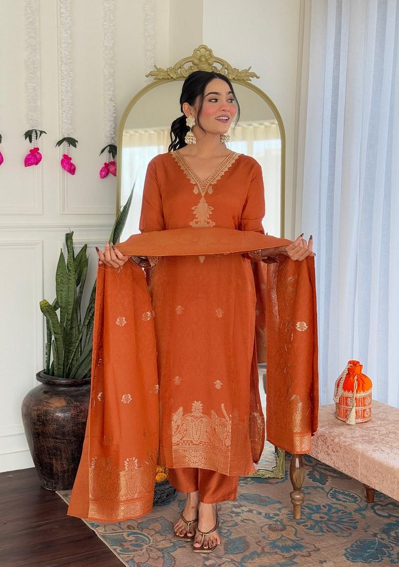 Orange Embroidered Jacquard Salwar Kameez With Dupatta