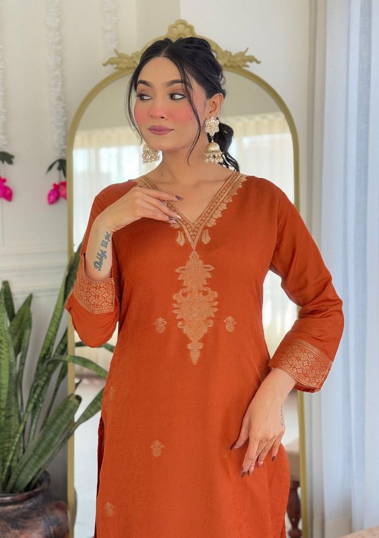 Orange Embroidered Jacquard Salwar Kameez With Dupatta