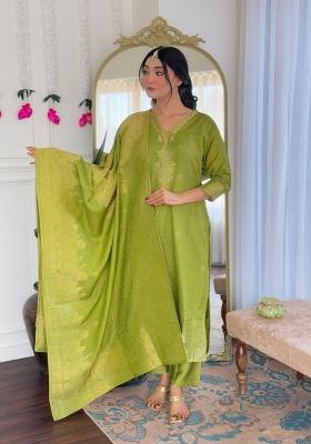 Green Embroidered Jacquard Salwar Kameez With Dupatta