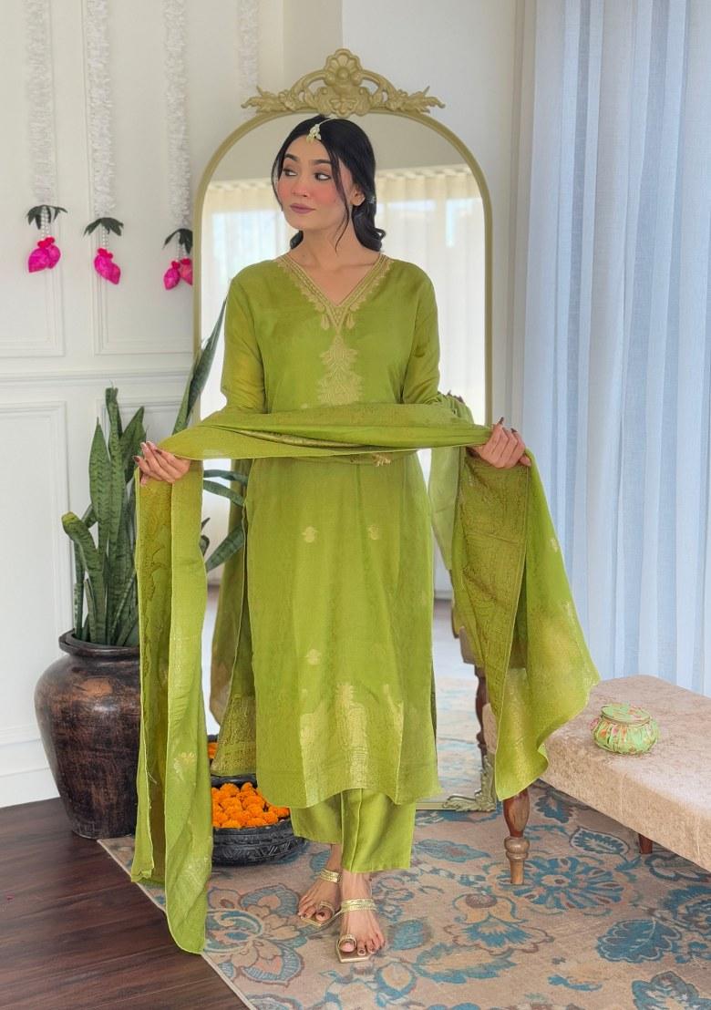 Green Embroidered Jacquard Salwar Kameez With Dupatta