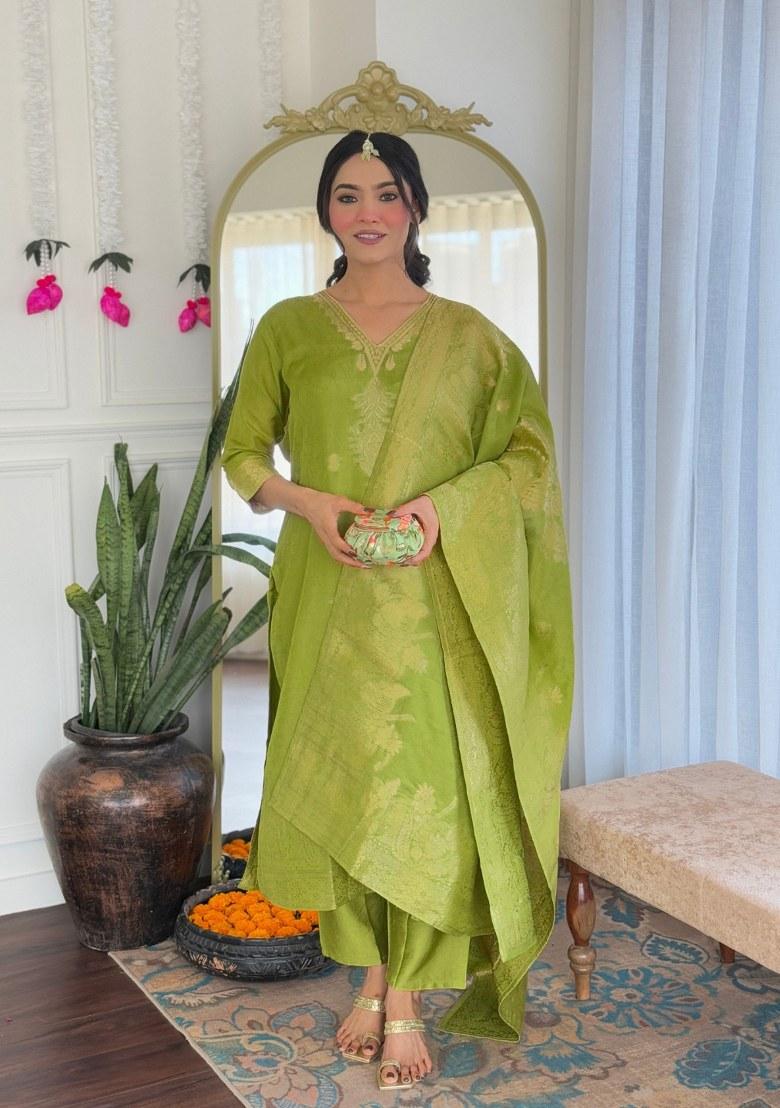 Green Embroidered Jacquard Salwar Kameez With Dupatta