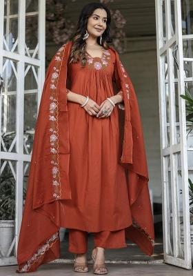 Orange Embroidered Rayon Salwar Kameez With Dupatta