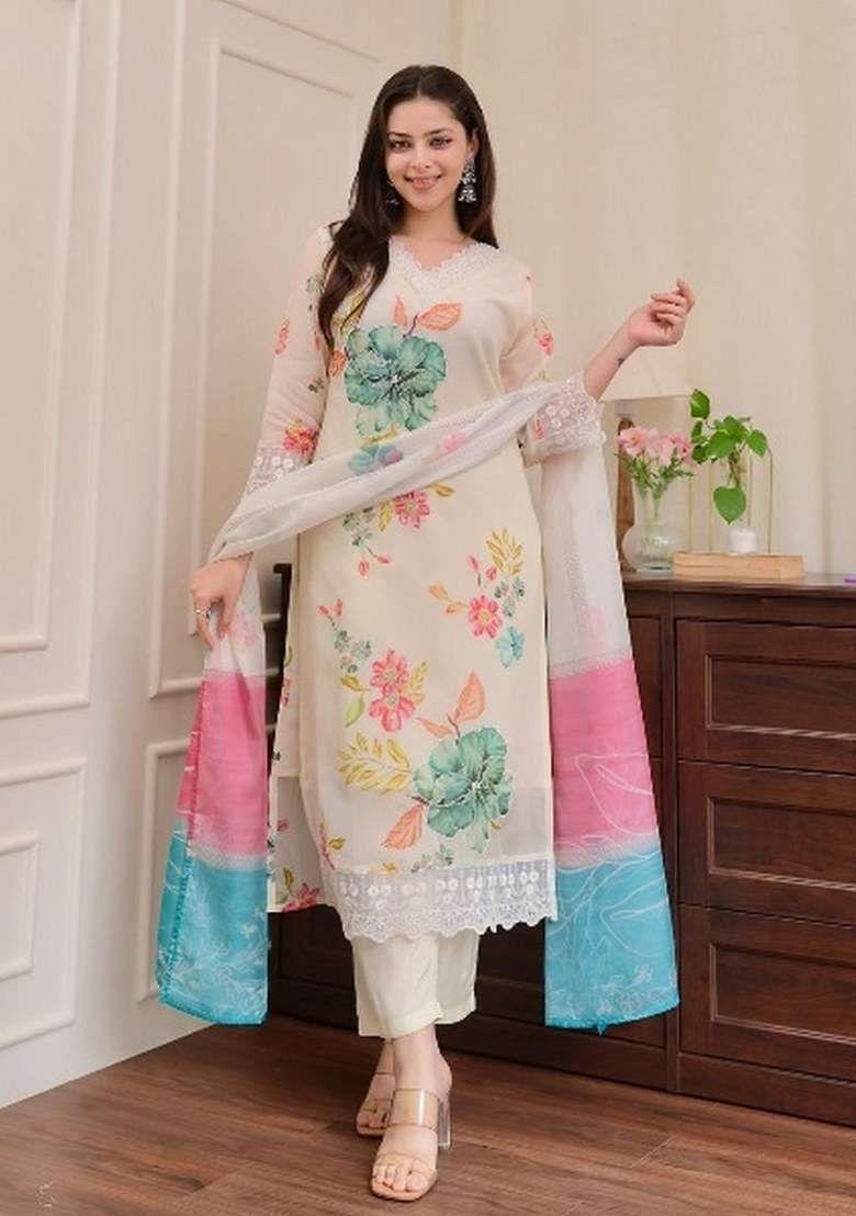 Cream Embroidered Art Silk Salwar Kameez With Dupatta - Indya